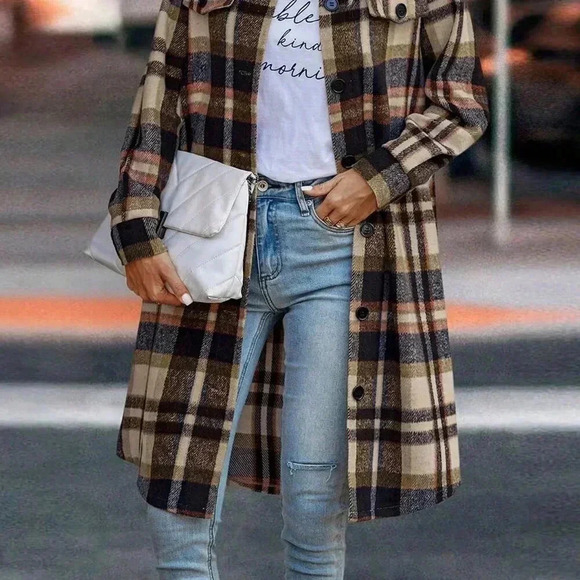 Navy Blue Elegant Women's Plaid Long Sleeve Button Up Shacket - Picture 4 of 4